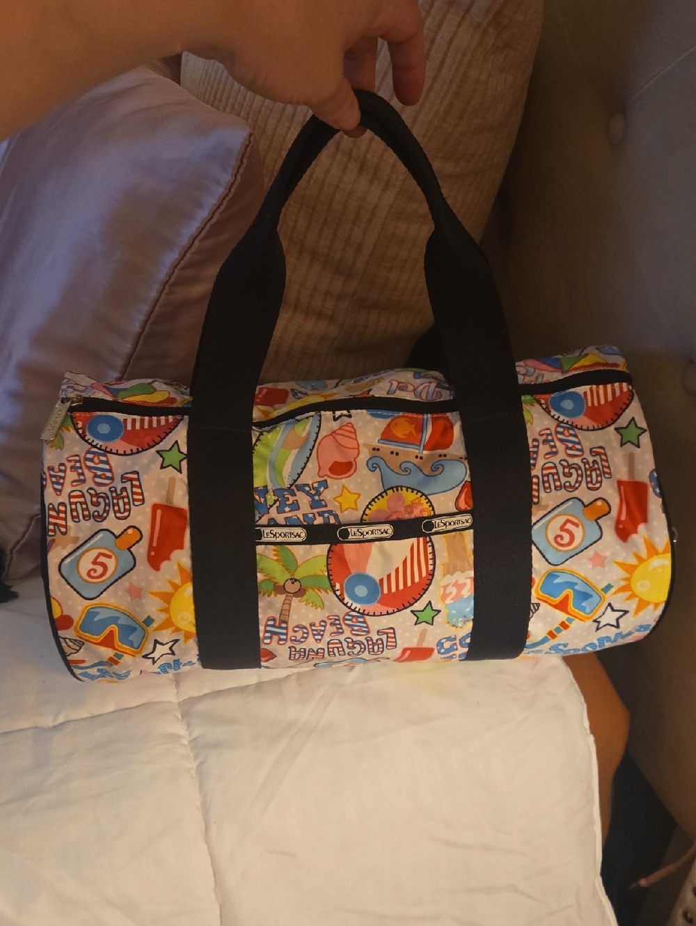 Lesportsac Multicolor Beach Print Barrel Bag with Black Handles